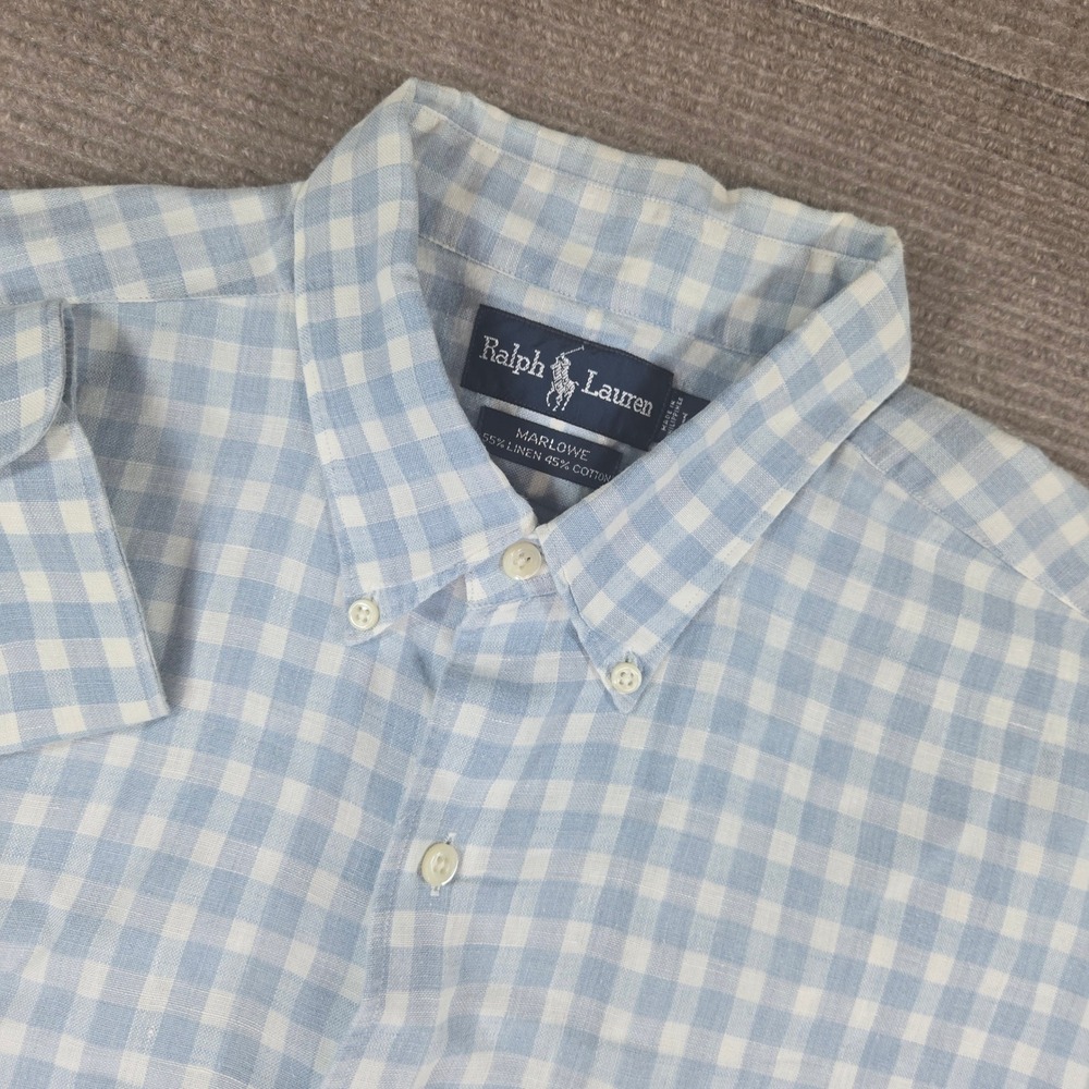 Ralph Lauren Mens L Blue Gingham Marlowe Linen Cotton Button Down Shirt